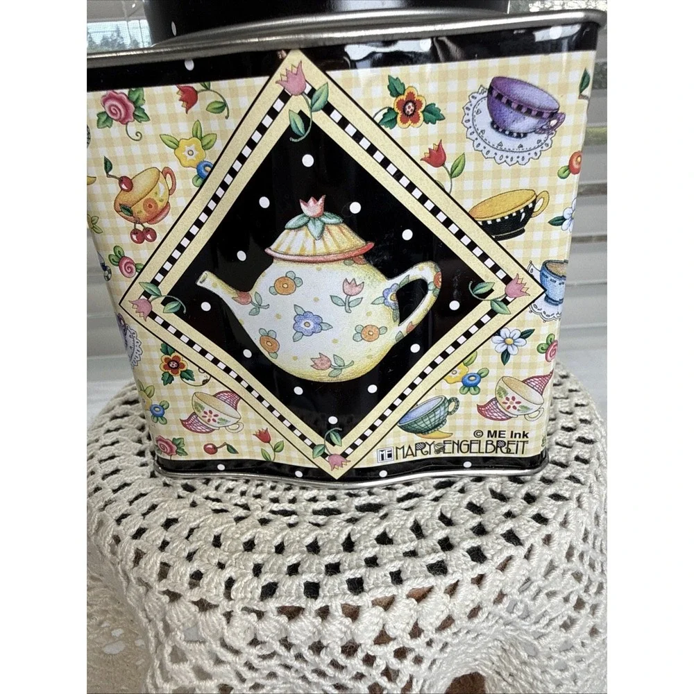 Mary Engelbreit Metal Tin Canister Lid Tea Flowers Teapot Design Vintage.